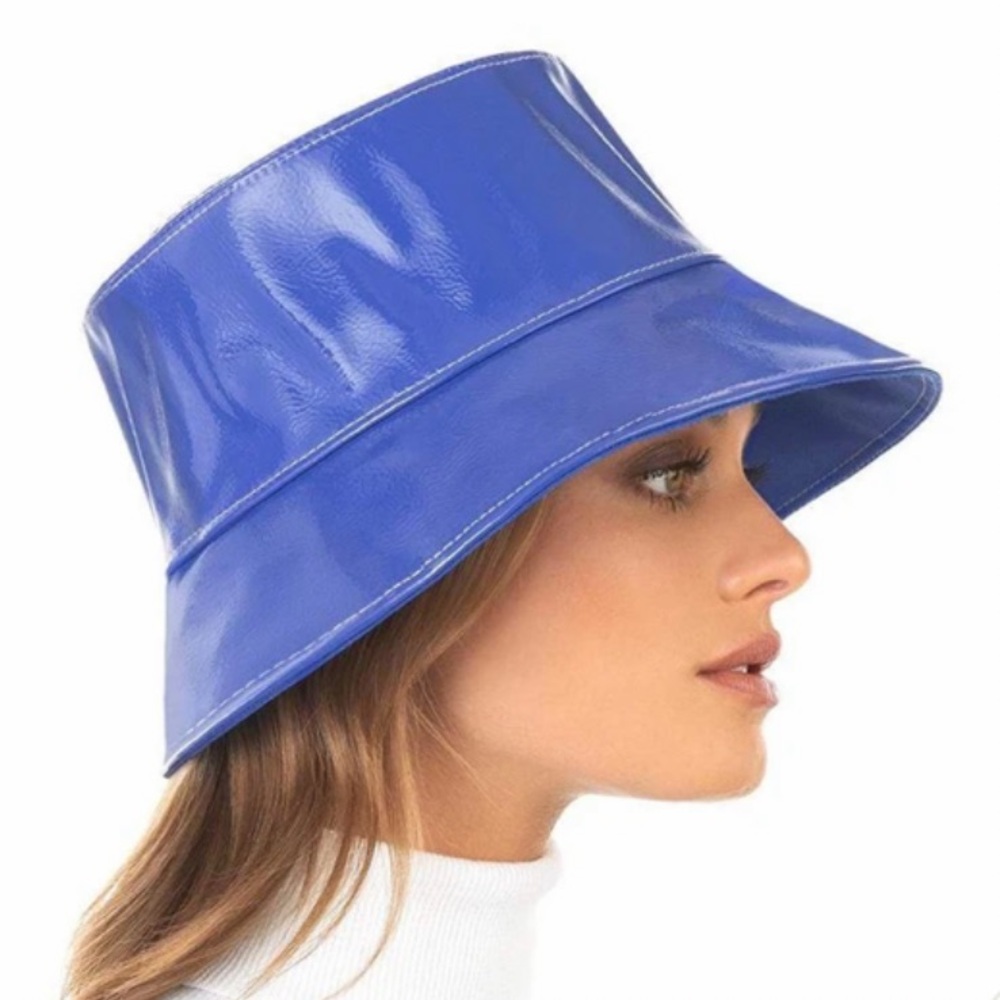 ERIC JAVITS PATTI BUCKET RAIN HAT IN COBALT BLUE LEATHER FULLY LINED OS